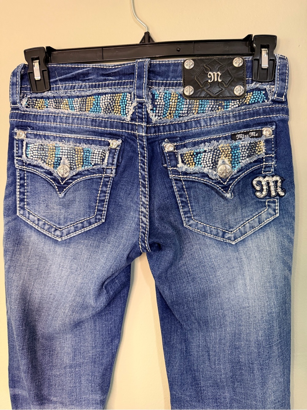 Gorgeous Vintage Y2K Miss Me Boot Jeans Beaded Embellished Pockets 33” Inseam